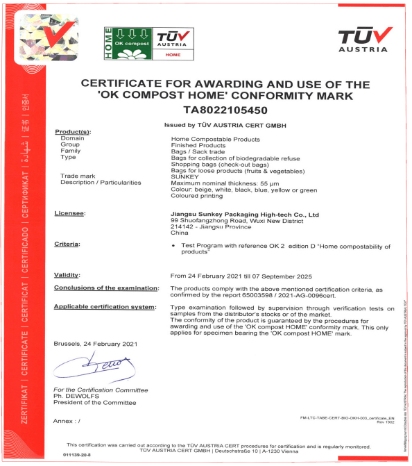 Certificate for awarding and use of the ‘OK COMPOST HOME' conformity mark