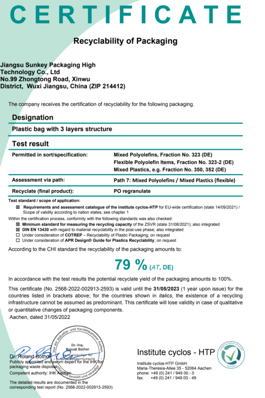 Certificate of Recyclability of Packaging